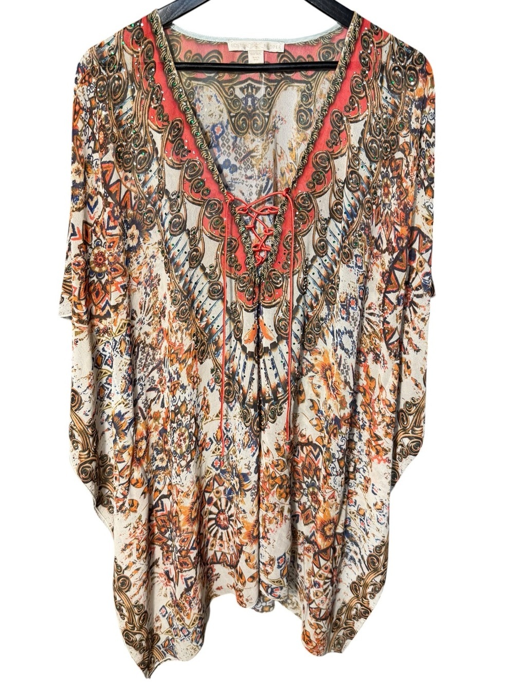 Boston Proper Medium/Large Cream Red Green Beaded Boho Sheer Kaftan Resortwear